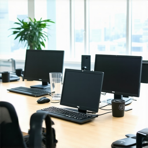 Tech team maintaining equipment in a contemporary conference room.