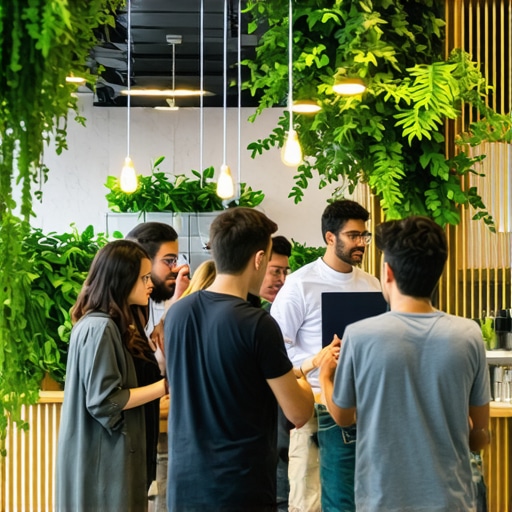 People working together in a modern coworking space filled with natural light.