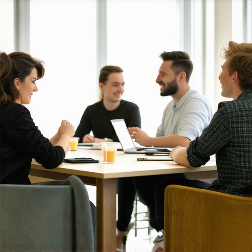 Founders having an engaging discussion in a modern coworking space
