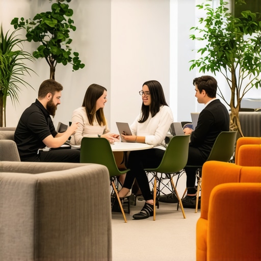 Entrepreneurs engaging in conversation in a stylish coworking environment.