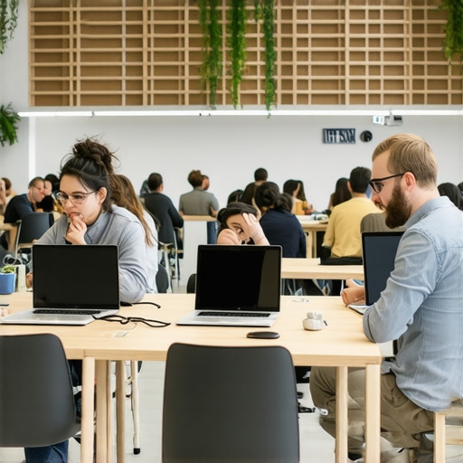 Entrepreneurs working and networking in a lively coworking space