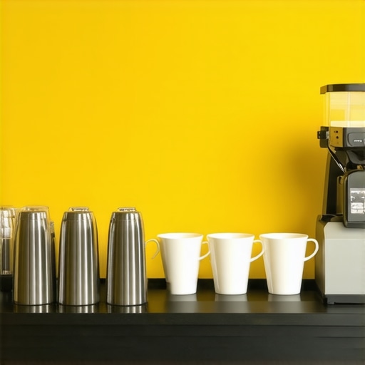 Contemporary coworking space with a clean coffee station and seating area