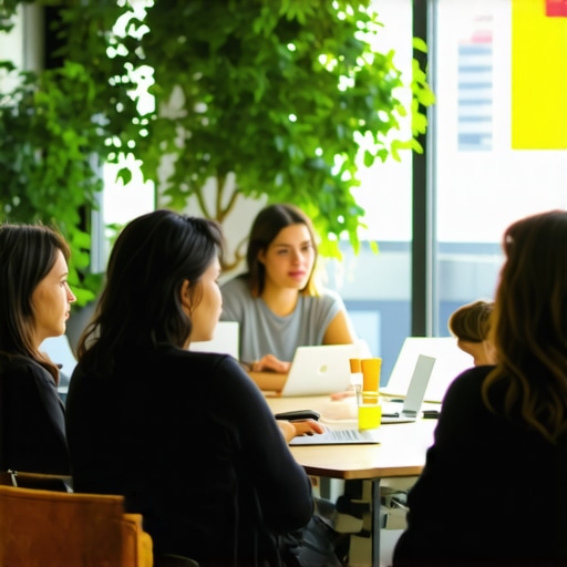 A diverse group of professionals collaborating in a bright coworking environment.