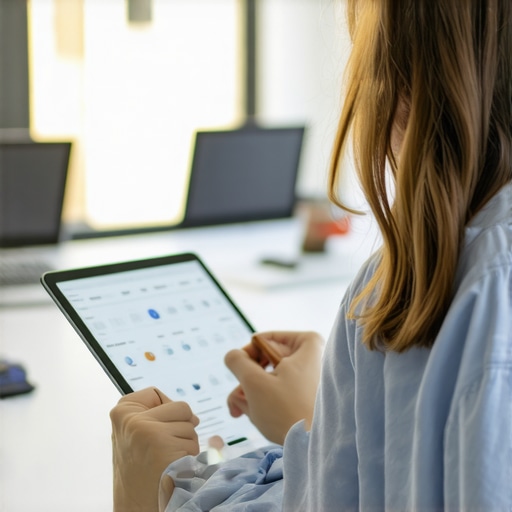 Person controlling coworking space maintenance via tablet in a modern office