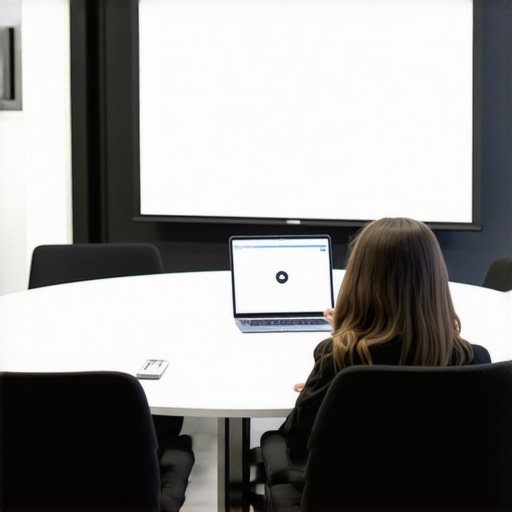 A conference room designed for hybrid meetings with in-person and virtual participants engaging.