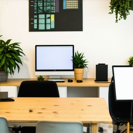 A high-tech coworking space showing digital booking panels and maintenance checklists