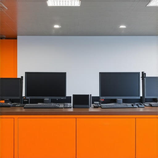 A professional coworking environment with advanced digital control systems and sleek hardware setups