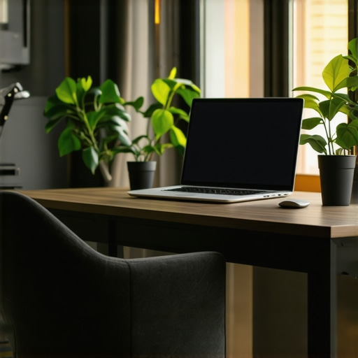 Ergonomic desk, natural light, tech gadgets in a home office environment