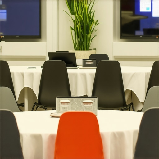 A spacious, bright conference room arranged for networking and presentations.