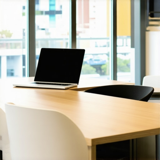 A sleek coworking space with a conference table, comfortable chairs, and high-tech presentation equipment