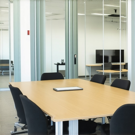 A sleek coworking space with a conference table, glass walls, and advanced tech equipment for meetings.