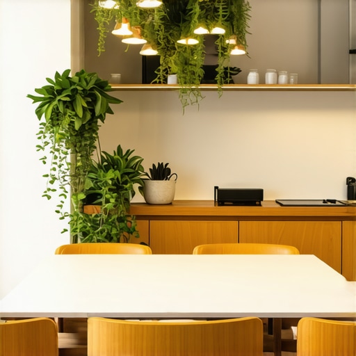 A spacious, well-lit office kitchen with shared table and cozy seating arrangements