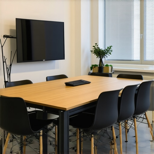 Modern Conference Room Equipment A sleek, well-maintained conference room with latest audiovisual tools and ergonomic furniture
