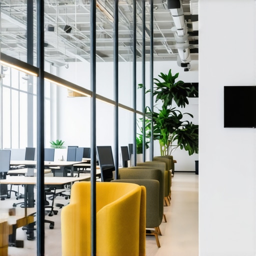 Modern Startup Coworking Environment A sleek coworking space designed for startups with branding and technology setup