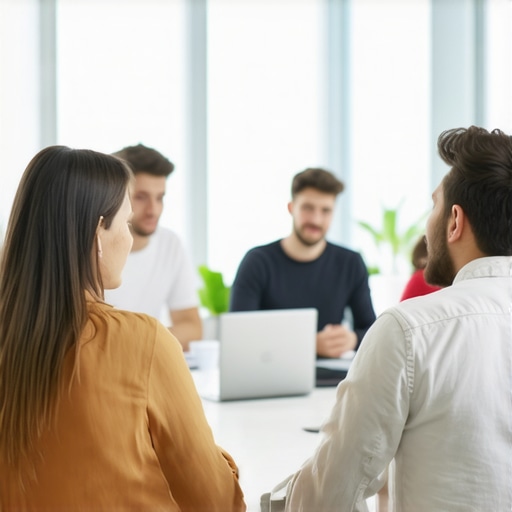 Networking in a Shared Coworking Environment Entrepreneurs engaging and exchanging ideas in a bright coworking space