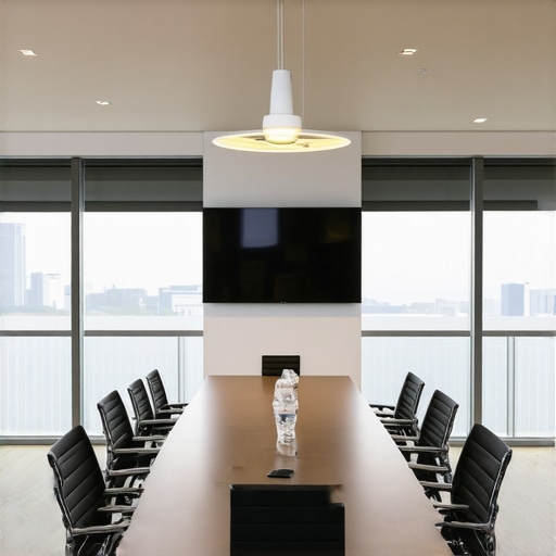 A sleek conference room with large windows, comfortable chairs, and advanced technology.