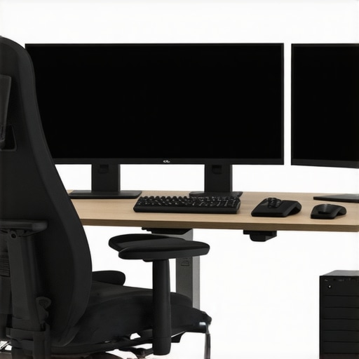 A desk with three monitors arranged ergonomically with adjustable stands and accessories.