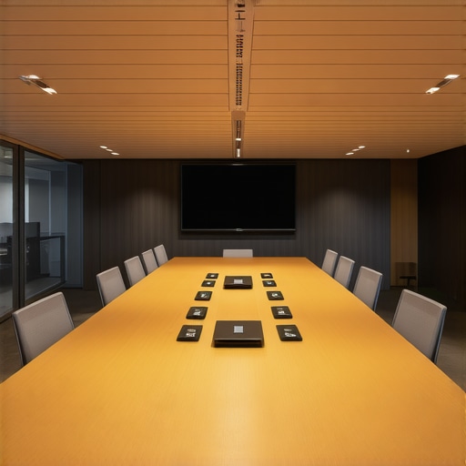 A professional conference room with ergonomic chairs, adjustable lighting, and high-quality AV equipment for effective meetings.