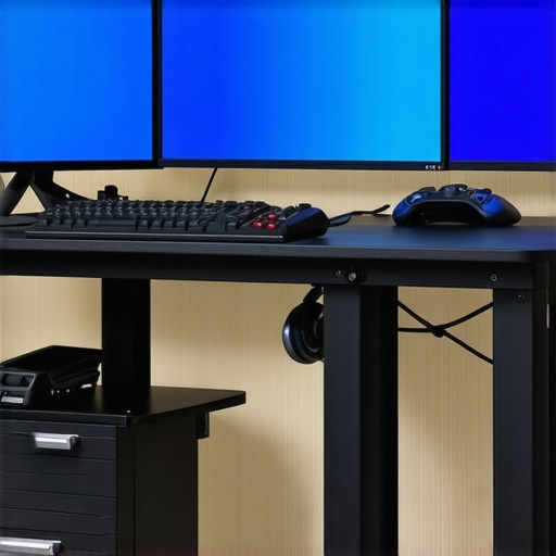 Optimized Ergonomic Workspace for Productivity A modern ergonomic desk setup with adjustable standing desk, dual monitors, and organized cables for enhanced productivity.