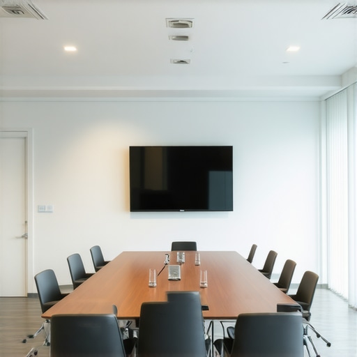 Contemporary conference space with adaptable furniture, bright lighting, and high-tech amenities.