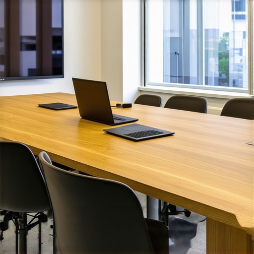 A stylish coworking space with a conference table, projector, and soundproofing elements.