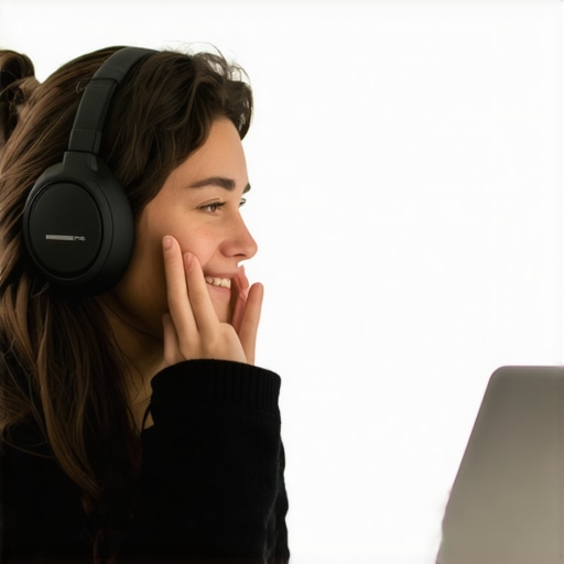 Individual using headphones for a phone call in a quiet coworking area, illustrating best practices.