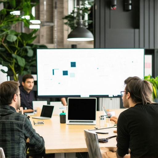 A team working together in a high-tech startup war room with monitors and whiteboards.