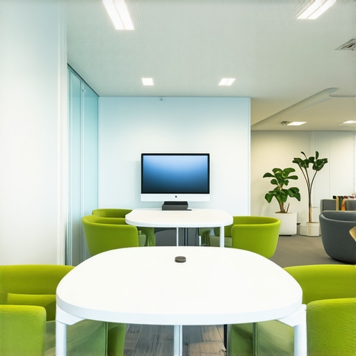 A modern coworking conference room equipped with high-tech video conferencing gear and comfortable seating.