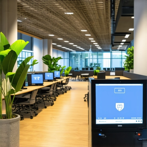 A high-tech coworking office showing digital management screens, sensors, and sleek furniture.