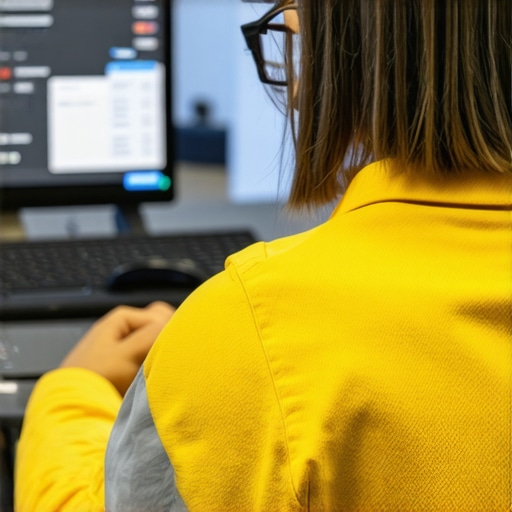 Technician connecting a laptop to network ports in office