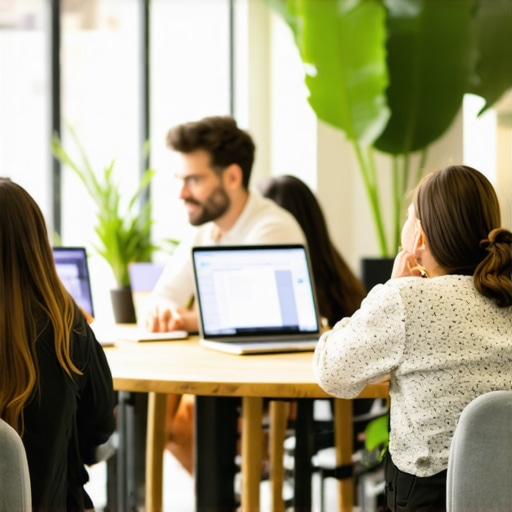 A lively coworking space with entrepreneurs working and discussing