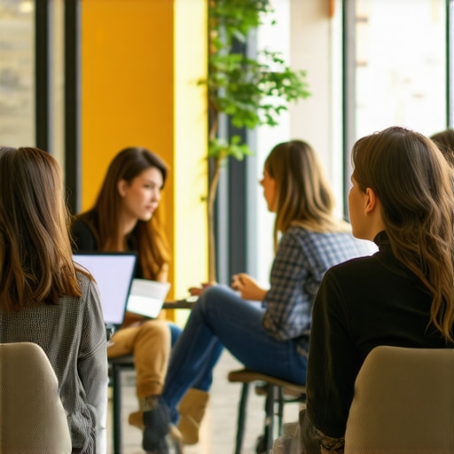 People chatting and collaborating in a modern coworking space.