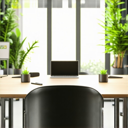 A clean and organized coworking conference room with high-tech equipment and natural decor, showcasing proper maintenance and tools.