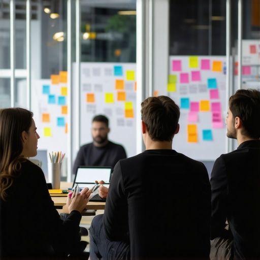 Team collaborating in a dedicated startup war room with whiteboards and sticky notes for strategic planning.