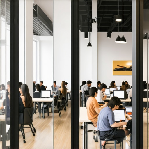Modern coworking office with people using both private suites and shared desks.