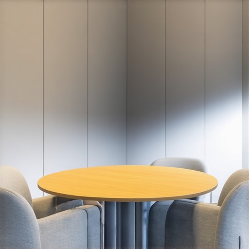 A startup meeting room with sound-absorbing wall panels and a collaborative round table.