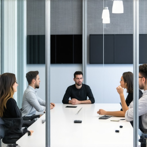 Professional team discussing strategy in an acoustically treated meeting room.