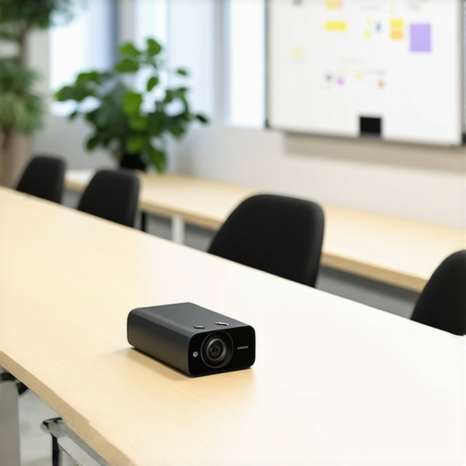 Advanced Hybrid Meeting Setup A modern conference room equipped with 360-degree cameras and digital whiteboards for hybrid startup teams.
