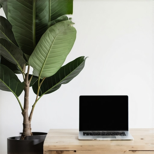 Balanced Biophilic Design in a Modern Startup Boardroom A clean, minimalist meeting room featuring a single large plant and high-end technology for optimal productivity.