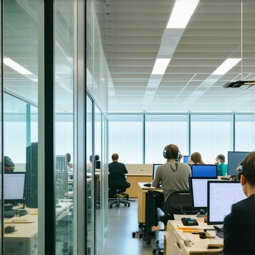 A modern coworking office showing private glass offices and acoustic panels for better focus.