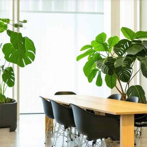 Biophilic Startup Conference Room Design A lush green office meeting space with large houseplants and modern furniture.