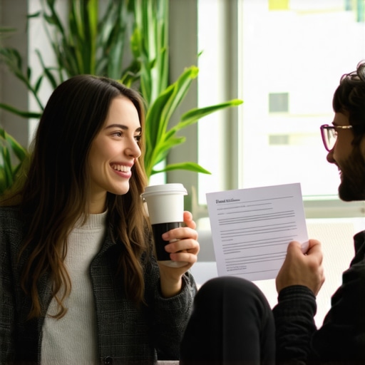 Two entrepreneurs talking casually in a shared office space lounge.