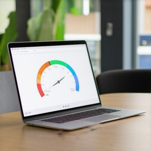A laptop on a conference table displaying a network speed test