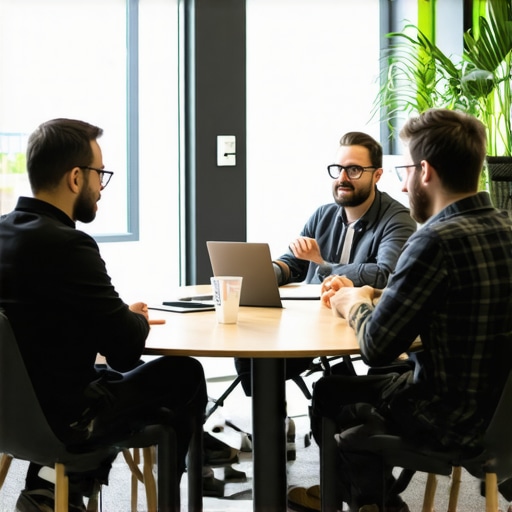 Collaborative Coworking Meeting Room Design Entrepreneurs collaborating in a modern circular meeting room that promotes participation and creativity.