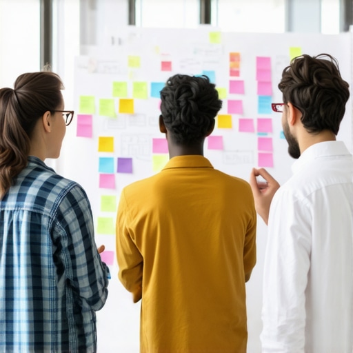Three entrepreneurs working together in a modern coworking meeting room with whiteboards.
