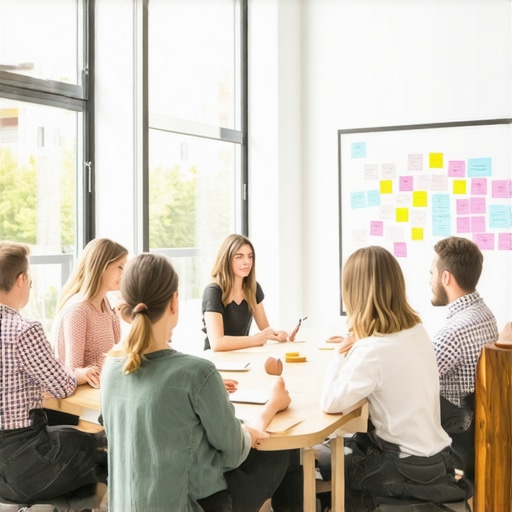 A team of startup employees using a circular meeting table to boost collaboration and innovation in a bright coworking space.