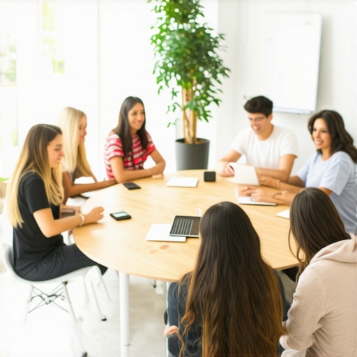 Startup team having an honest discussion in a circular meeting room layout to promote equality and innovation.