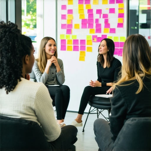 Startup team using sticky notes for brainstorming in a coworking meeting room.