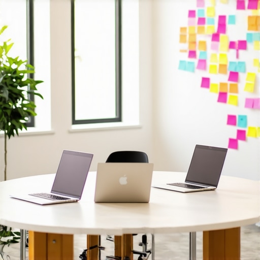 A bright and modern coworking conference room set up for a collaborative startup workshop with a circular table and natural light.