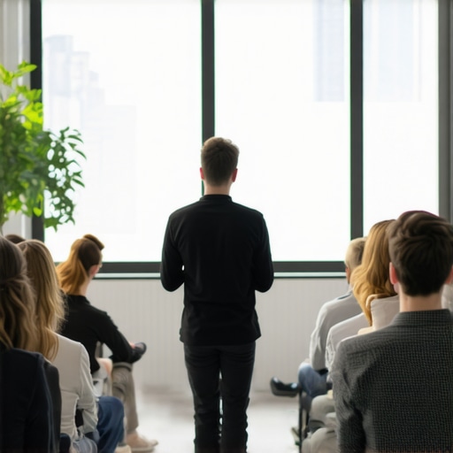 Commanding the Room with Elevation A startup presenter standing on a platform in front of an audience in a modern coworking space